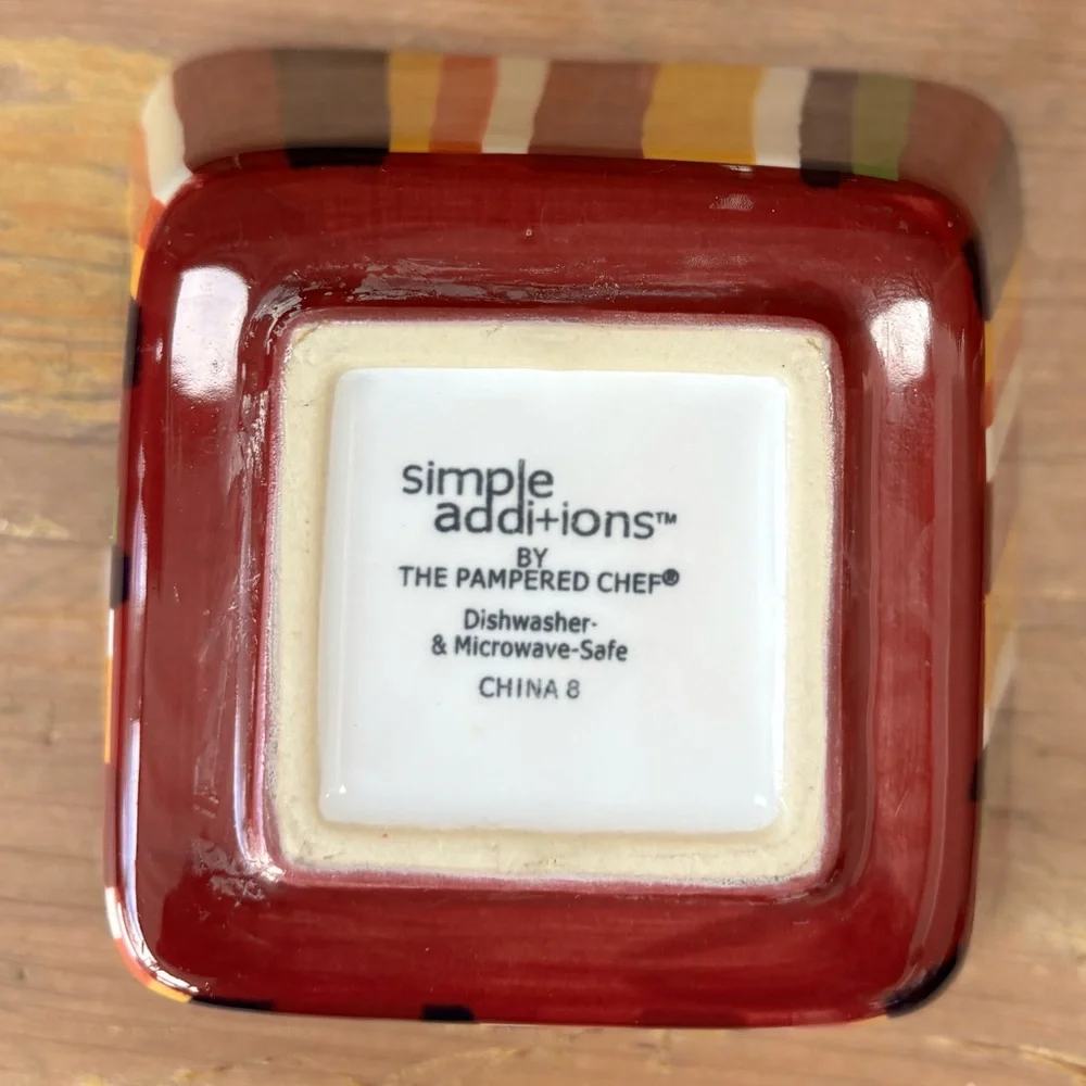 Set of 3 Pampered Chef Simple Additions  Square Striped Bowls & Red Saucer